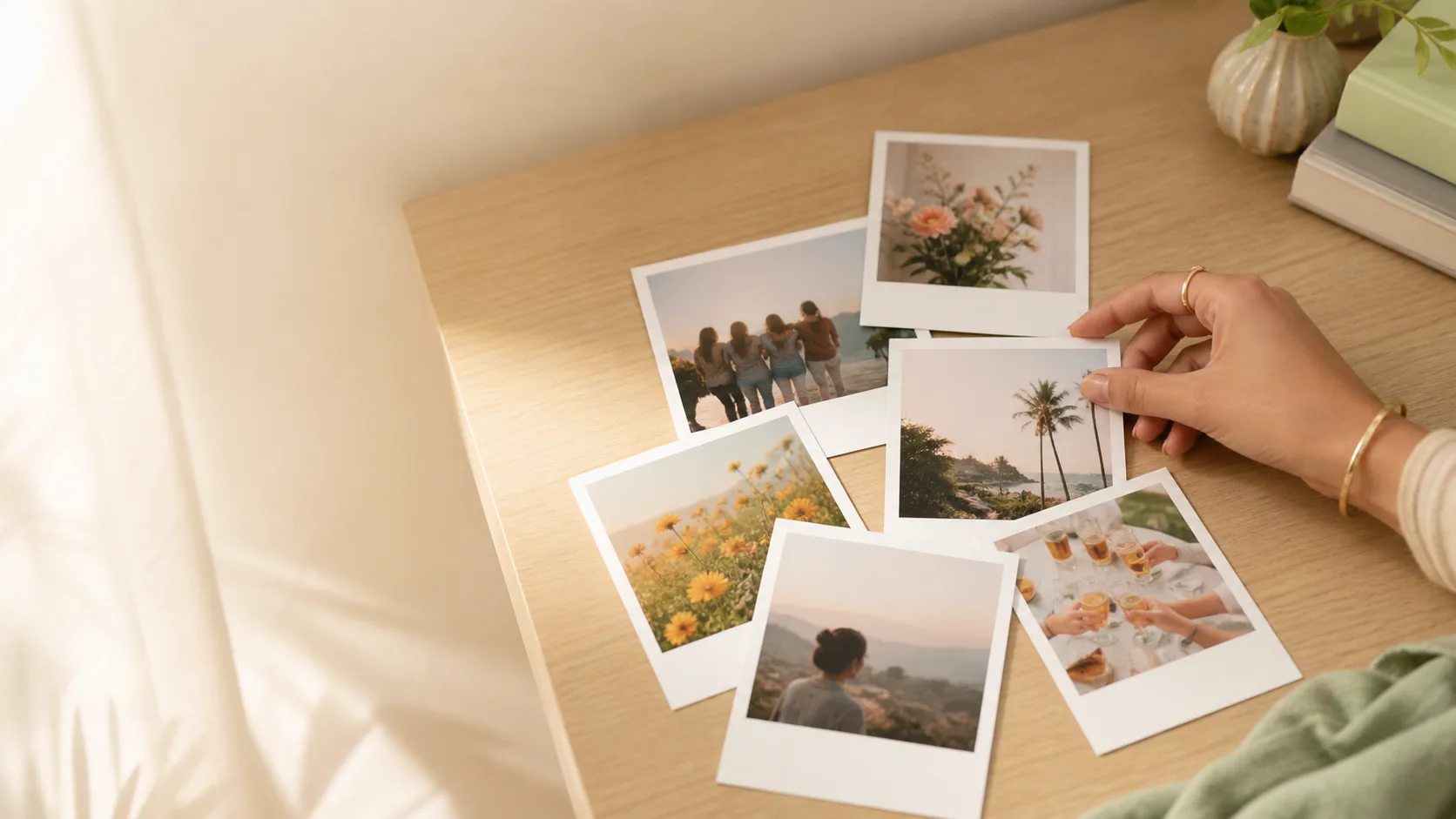 White-border photo prints arranged on a warm wooden desk